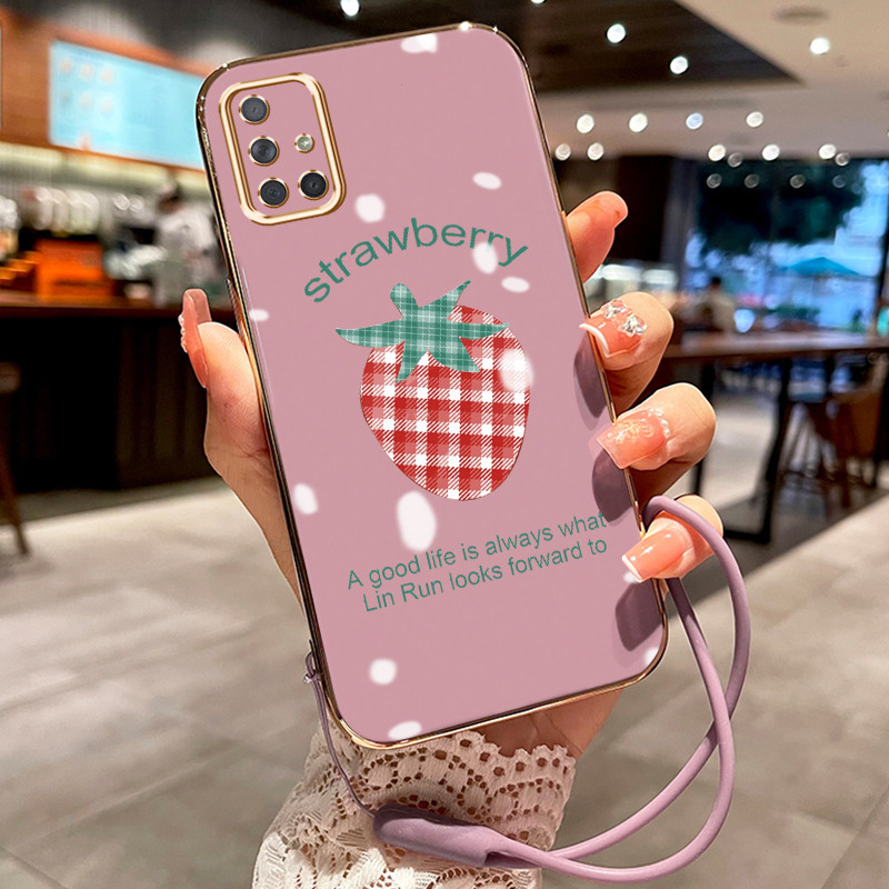 Casing Hp Untuk Samsung Galaxy A70 A70s A71 A72 4G A72 5G A73 5G Case Stroberi Kotak-kotak pelapisan