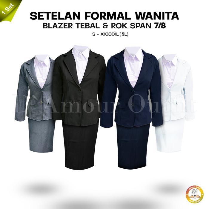 cnm Setelan Jas Blazer Rok Span Pendek 7/8 Wanita Formal Kantoran Gabardine Polos Hitam S - 5L