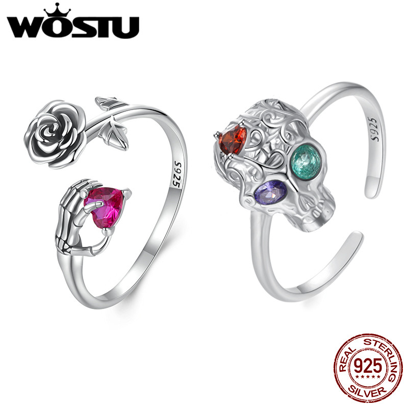 WOSTU 925 Sterling silver Rose Skeleton Hand Open Ring For Women Punk Gift Wing Heart Adjsutable