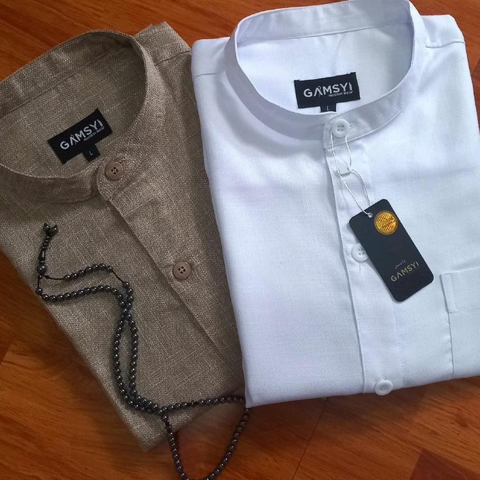Baju Koko Linen Gamsyi Lmh Lengan Panjang Polos Kerah Muslim Nyaman Putih Pria Dewasa