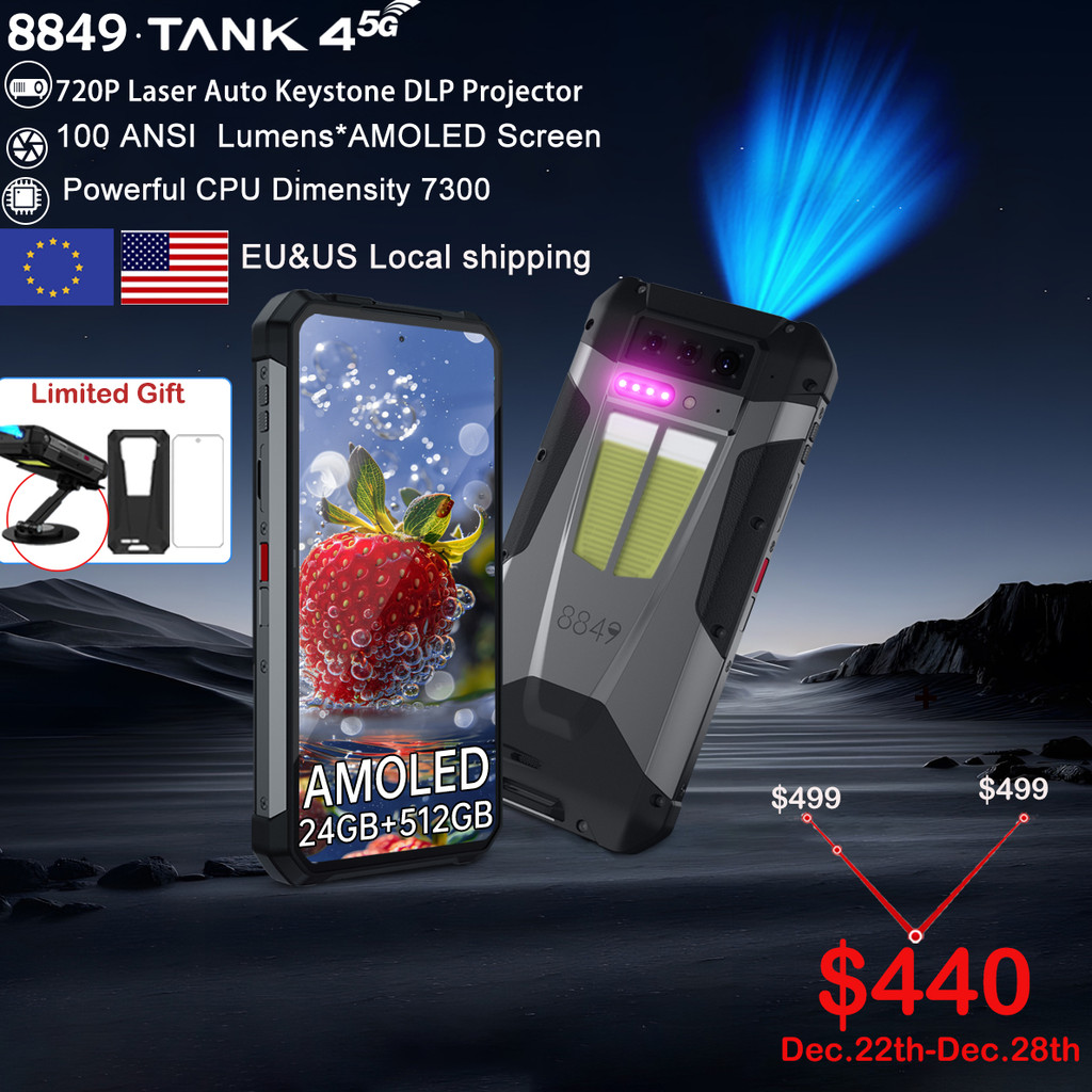 8849 Tank 4 Unihertz 5G Rugged Smartphone Projector 720P 100 Lumen 6.78'' AMOLED 512G Android14