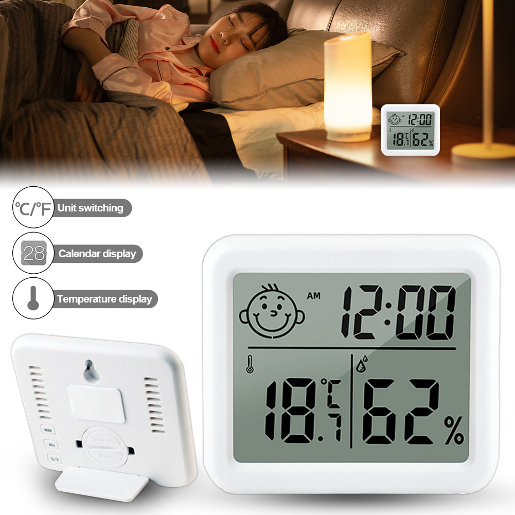 Temea LCD Digital Room Clock Thermometer Temperature Sensor Humidity Meter Indoor Hygrometer Gauge W