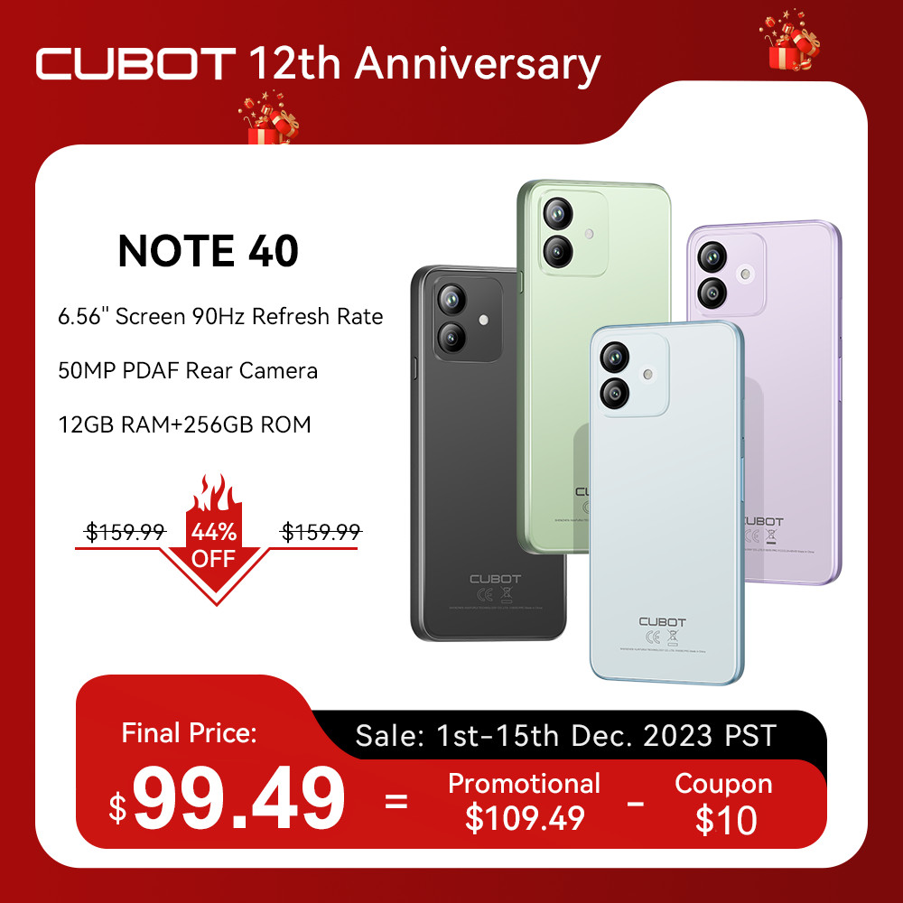 Cubot Note 40, 2023 New Arrives, Octa-Core Processor 12GB RAM +256GB ROM, 50MP Main Camera 6.56" HD+