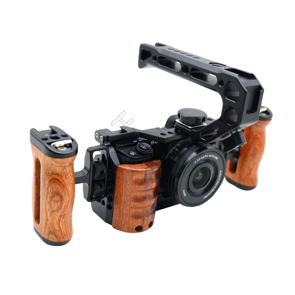 DSLR Camera Wooden Handle Grip HandGrip with Cold Shoe for Sony A6300/A6400/A6500/A6000 Camera Cage 
