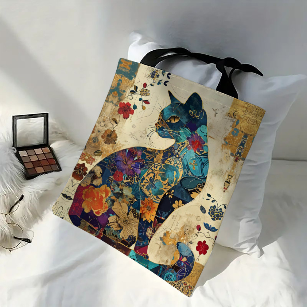 Ethnic Flower Cat Pattern Tote Bag, Aesthetic Canvas School Shoulder Bag, Lightweight Grocery