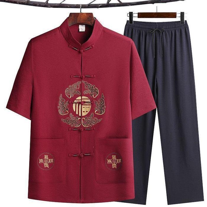 Kemeja Cheongsam Merah Baju Qipao Pria Opa Papa Atasan Imlek Kostum Me