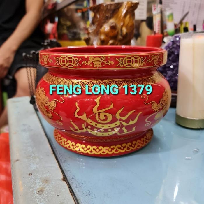 Hiolo (Tempat Hio/Dupa) Merah Naga Emas Keramik 8"