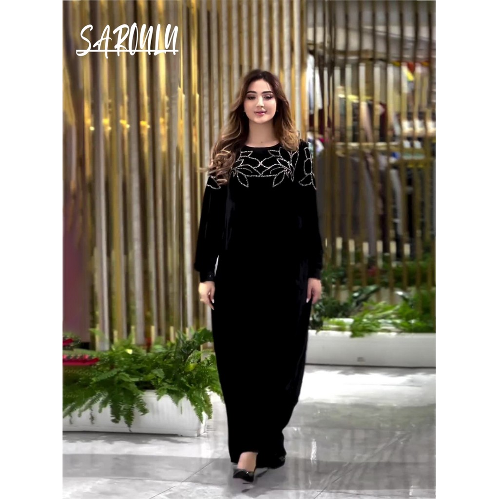 Black Velvet Muslim Loose Evening Dress With Crystals Modest Round Collar Prom Gown Formal Occasions