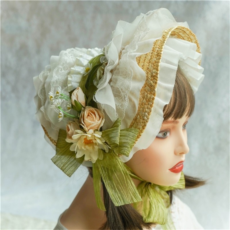 Handmade SunHat Lace Decorated Courtly Style Tea Party for Lolita Women Court Miss Straw Hat SunHat