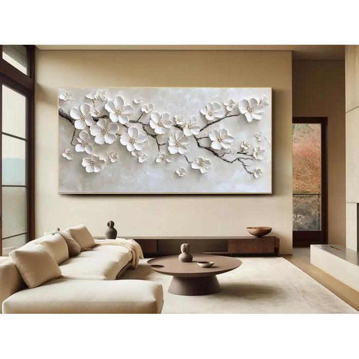 Lukisan Kanvas Bunga Sakura Putih Lukisan Timbul Art Painting Tbk