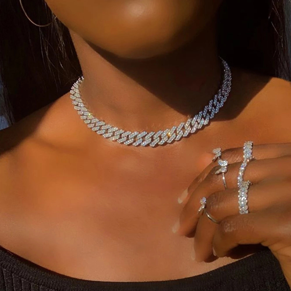Caraquet Punk Hip Hop Cuban Link Chain Choker Necklace Iced Out Rapper Crystal Necklace Fashion