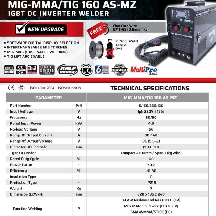 MESIN LAS MULTIPRO MIG MMA TIG 160 AS-MZ LAS CO TANPA GAS MIGI CO2 IGB