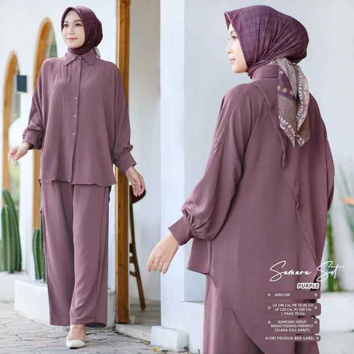 Samara Setelan Wanita Muslim Airflow Motif Polos One Set Baju Celana Hijab Style Dewasa