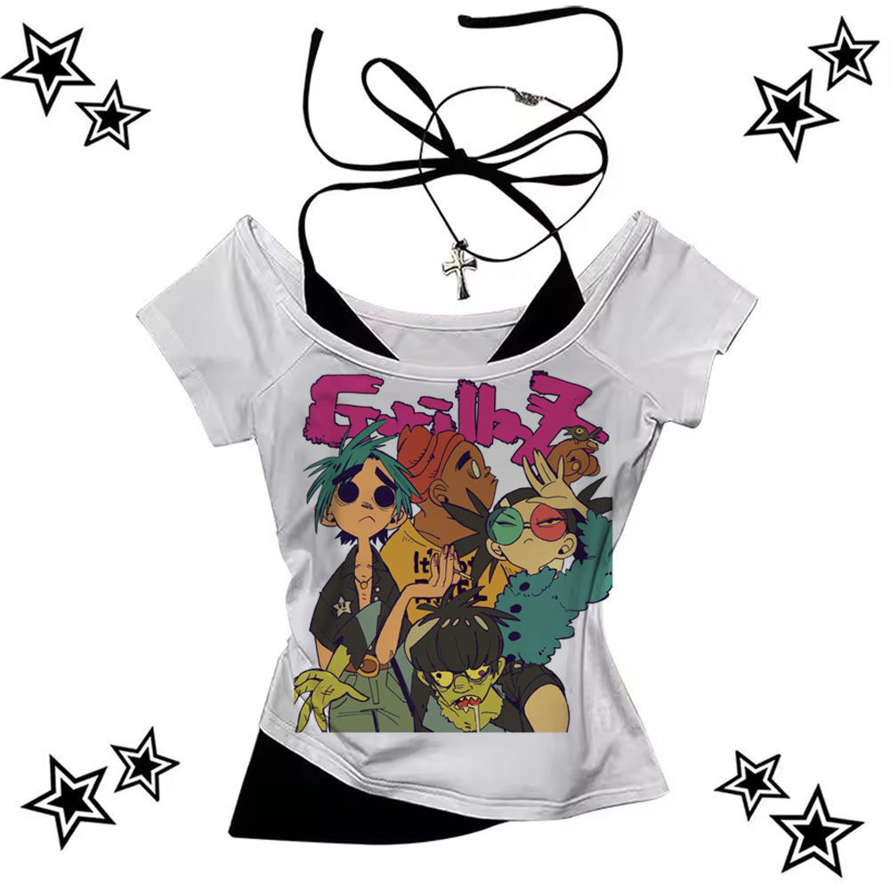 Gorillaz tshirt female Comfortable hip hop 2000s University t shirt Trendy 2000s anime Psychedelic