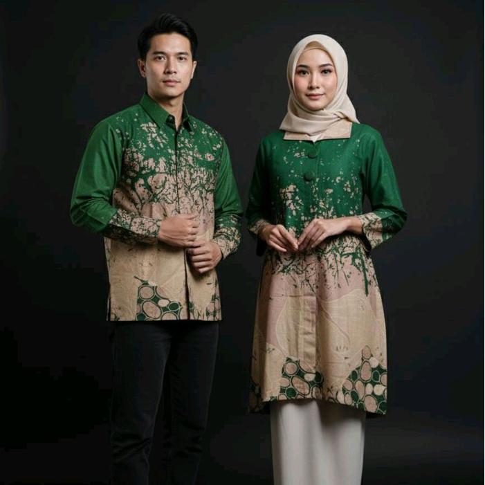 BATIK TUNIK WANITA COUPLE BAHAN KATUN SOLO PREMIUM MOTIF TULIP HIJAU BOTOL