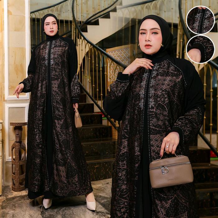 Abaya Kirana Motif Batik Jumbo Mewah Abu Mewah Abaya Wanita Muslimah