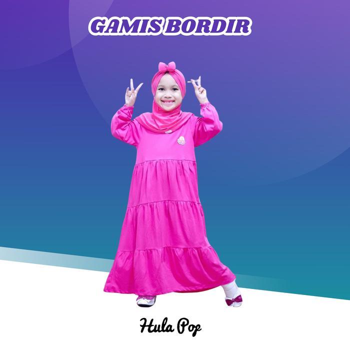 HULA POP GAMIS KAOS ANAK APLIKASI BORDIR SIMPLE WARNA PINK FANTA SIZE 5-10 TAHUN BAHAN KATUN NYAMAN
