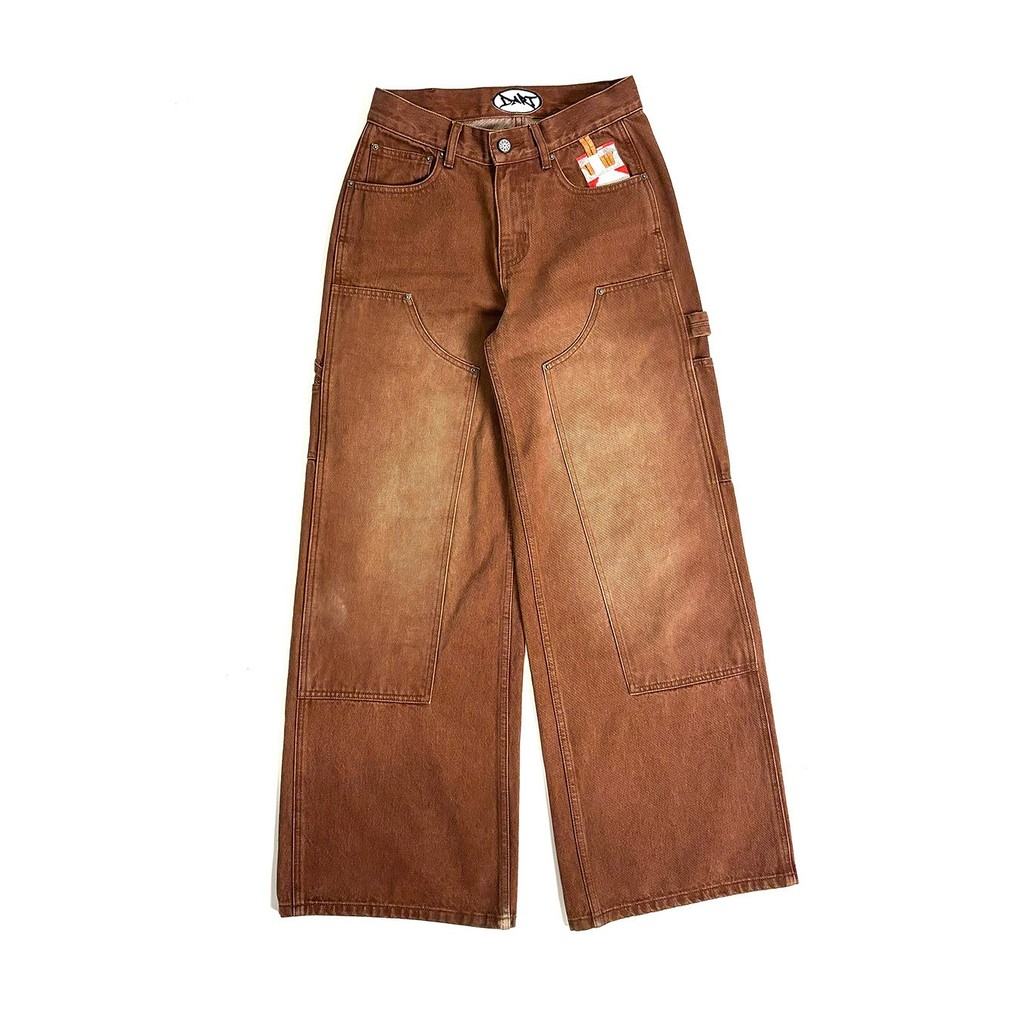 New Y2K Gothic Punk American Retro Punk Embroidered Jeans Mens Washed Old Brown Loose Straight Wide