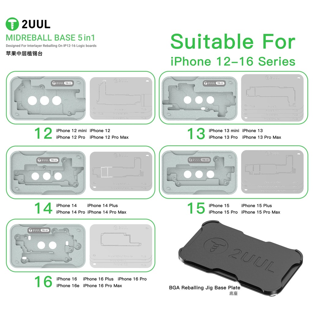 2UUL MIDDLE FRAME BGA REBALLING STENCIL PLATFORM BH13 TOOLS KIT SET FOR IPHONE 12-16 SERIES LOGIC