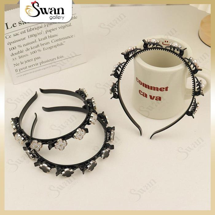 Bando Include Jepit 2in1 Ikat Penjepit Rambut Wanita Model Clover Bunga Mutiara Diamond Bandana
