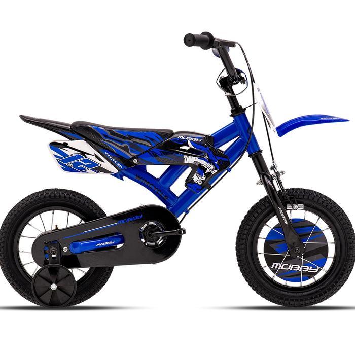 Sepeda Anak 12" Wimcycle BMX Mobby 12" – Usia 2-5 Tahun dengan Roda Bantu & Desain Motocross - Biru