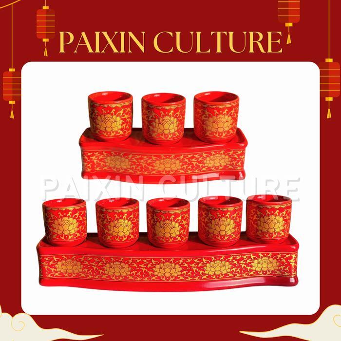 Premium Cangkir Set Keramik Altar Sembahyang / Cangkir Set Keramik Merah Motif Teratai /Lianhua Emas