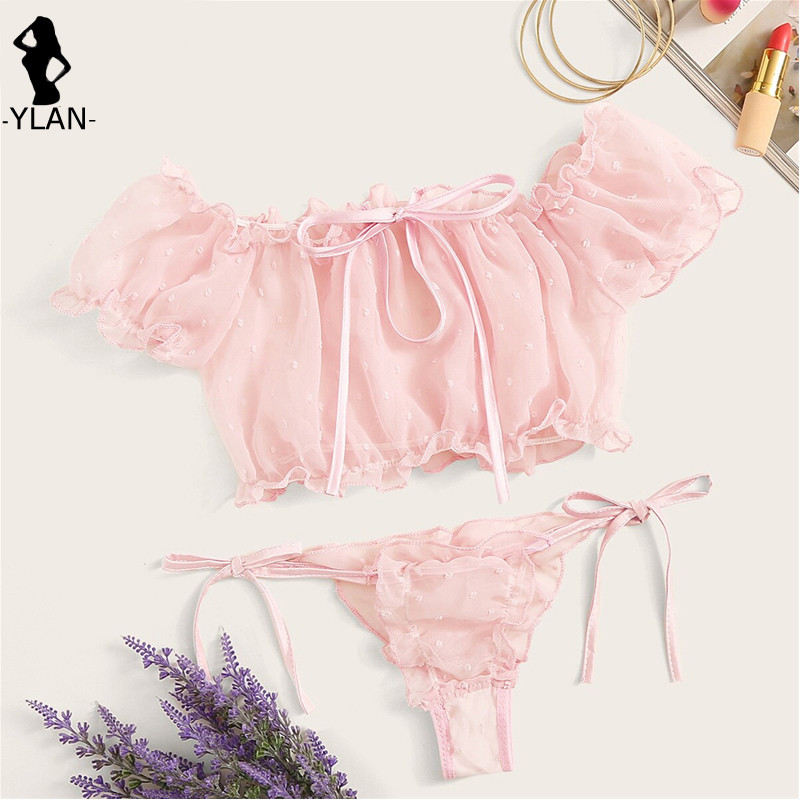 Women'S Lingerie Mesh Bra Set Off Shoulder Ruffle Underwear Set Cute Dot Transparent Bras Thong