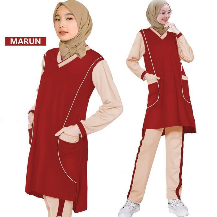 1SET STELAN BAJU SENAM MUSLIM KOMBINASI SYAR'I MUSLIMAH SPORT OLAHRAGA JOGING YOGA TENIS SEPEDA