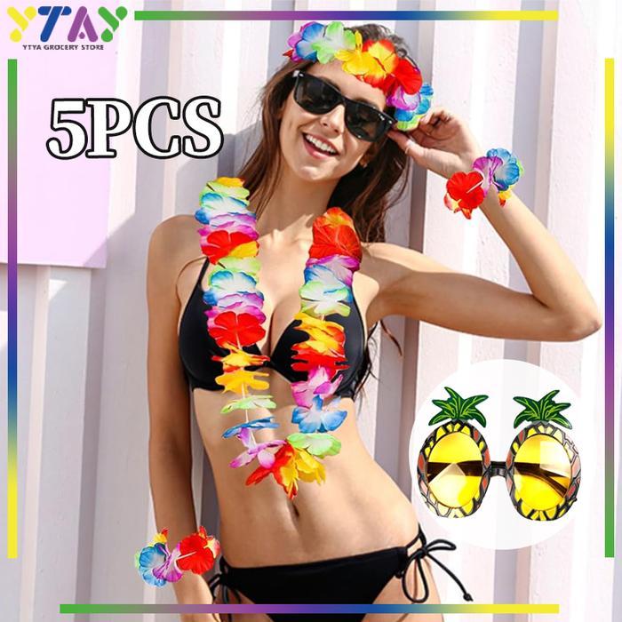 5pcs Kalung Penyambutan/Rok Hawai Rumbai/Kalung Bunga Hawai/Gelang Hawai/Dan Mahkota Hawai