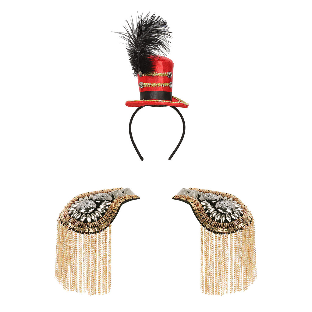 Fascinators Headband Mini Top Hat Feather Hair Hoop Headband Tassel Shoulder Epaulet Set Ringmaster