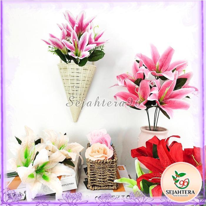Bunga Lily Cabang 5 - Dekorasi Lily Tiger Casablanca plastik lili Hiasan Pernikahan Bunga Artificial