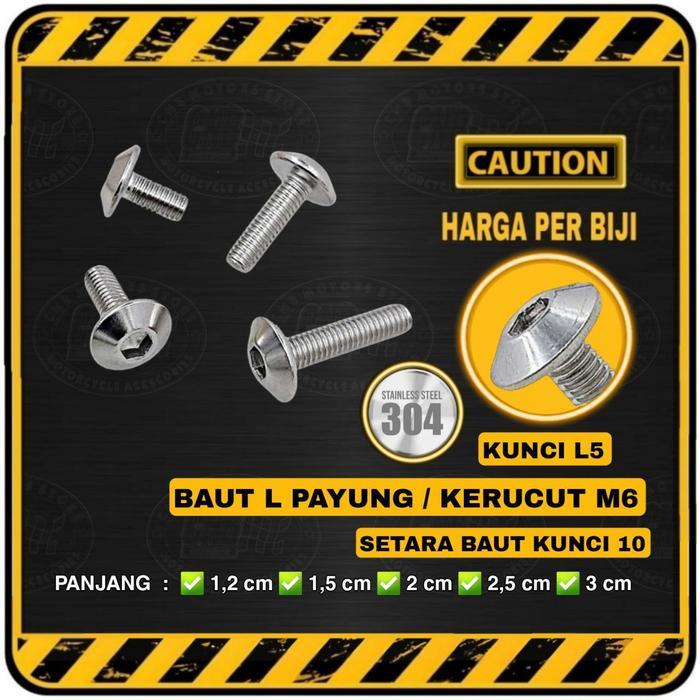 Baut L Payung Kerucut STAINLESS M6 Setara untuk Baut Kunci 10 panjang 1 - 3 cm