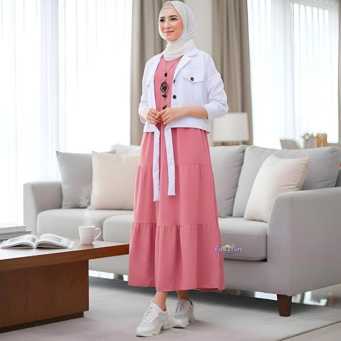 Valen set 2in1 Setelan Polos Baju wanita Muslimah Iner Gamis Panjang + Atasan outhers Putih Terbaru