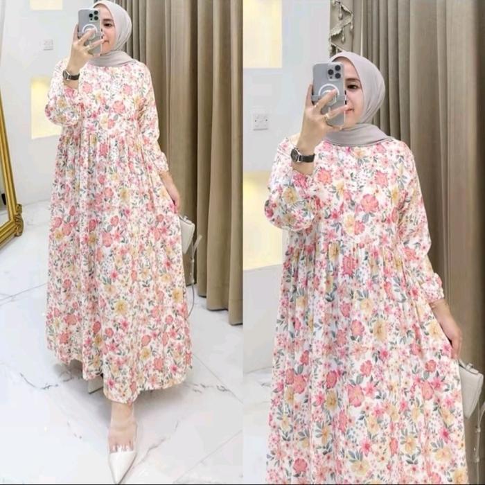 Kolinda Midi Dress Rayon Motif Terbaru Lengan Panjang Muslim