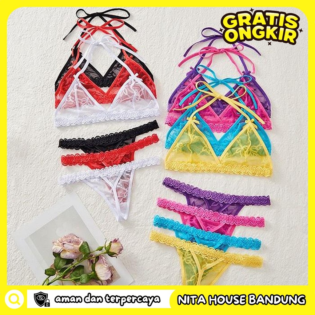 BRA SET WANITA RENDA BIKINI FLORAL TRANSPARAN 5B16 PRIVASI AMAN