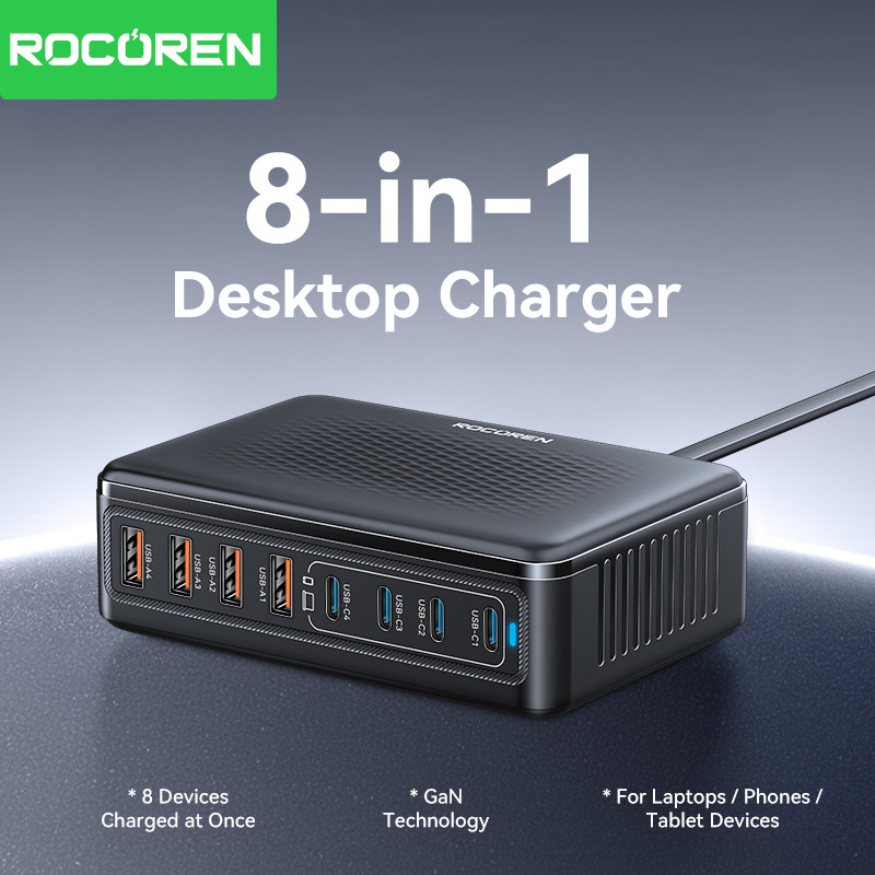 Rocoren 200W GaN Charger 8 in 1 Desktop Fast Charging For iPhone 17 Pro Xiaomi Samsung USB Type C