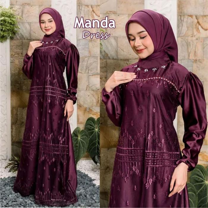 Dress Manda Brokat Terbaru Gamis Lebaran Elegan Mewah Muslimah Modern Bahan Premium Long Dress