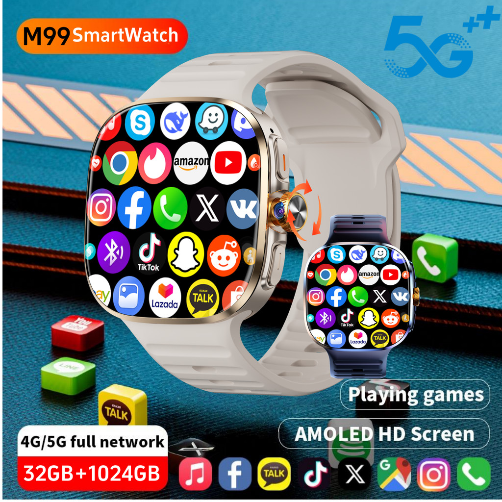 32+1024GB M99 Smartwatch with 2.4 Inch AMOLED Screen 4G/5G SIM Card Slot GPS WiFi 190 Rotating