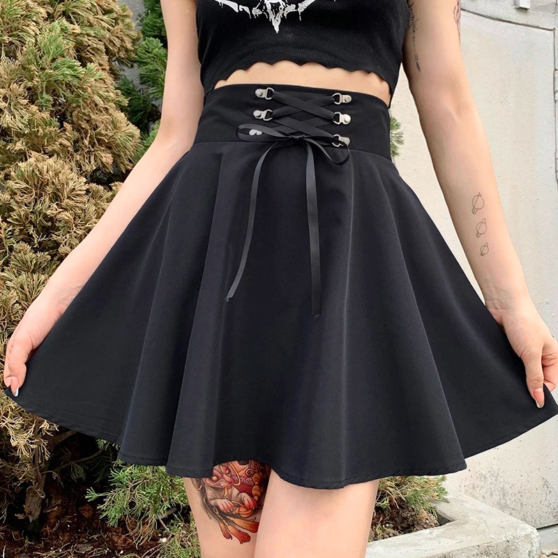 Women's Basic Versatile Flared Casual Mini Skater Skirt High Waisted School Goth Punk Black Skirt