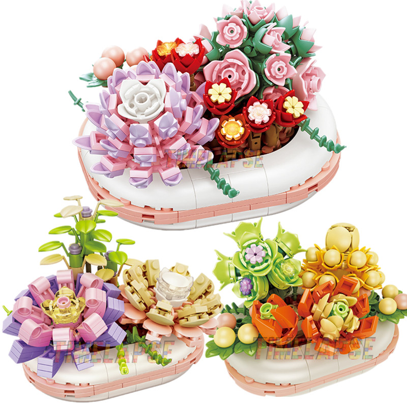 DIY MOC Noctilucent Tanaman Pot Sukulen Pohon Bonsai Taman Romantis Blok Bangunan Model Batu Bata Se