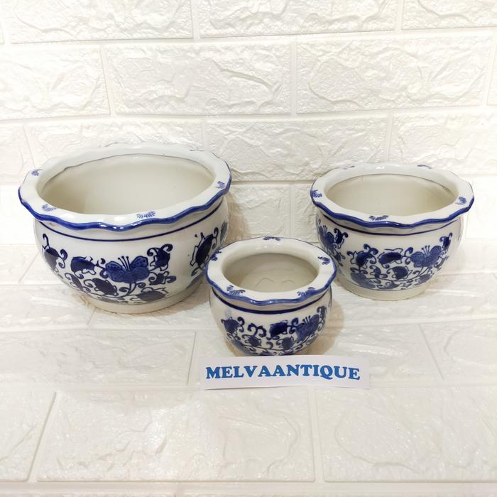 POT TANAM KERAMIK BIRU PUTIH BULAT