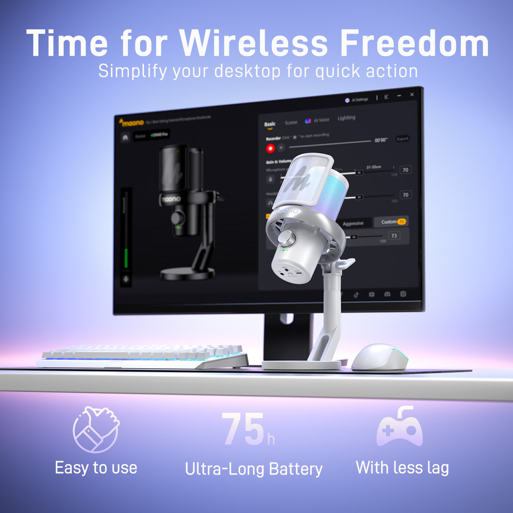 MAONO DM40 Wireless USB Microphone with AI Voice Changer Noise Reduction Condenser Mic for Gaming