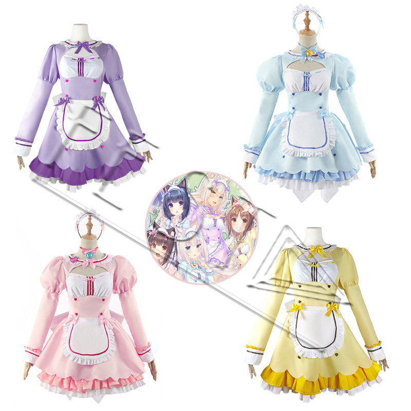 Nekopara Chocolate Vanilla Coconut Azuki Cosplay Costume Maid Lolita Dress Blue Pink Purple Yellow
