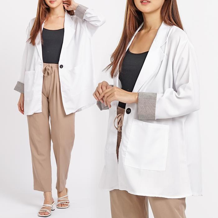 cnm Blazer casual jumbo big size wanita / outer kantor kerja polos motif salur