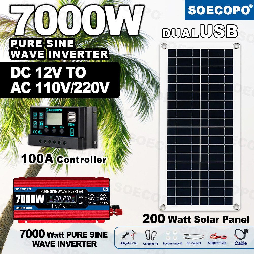 SOECOPO 7000W Pure Sine Wave Inverter 12V To 110V/220V Full Portable Solar System Kit 200W Panel