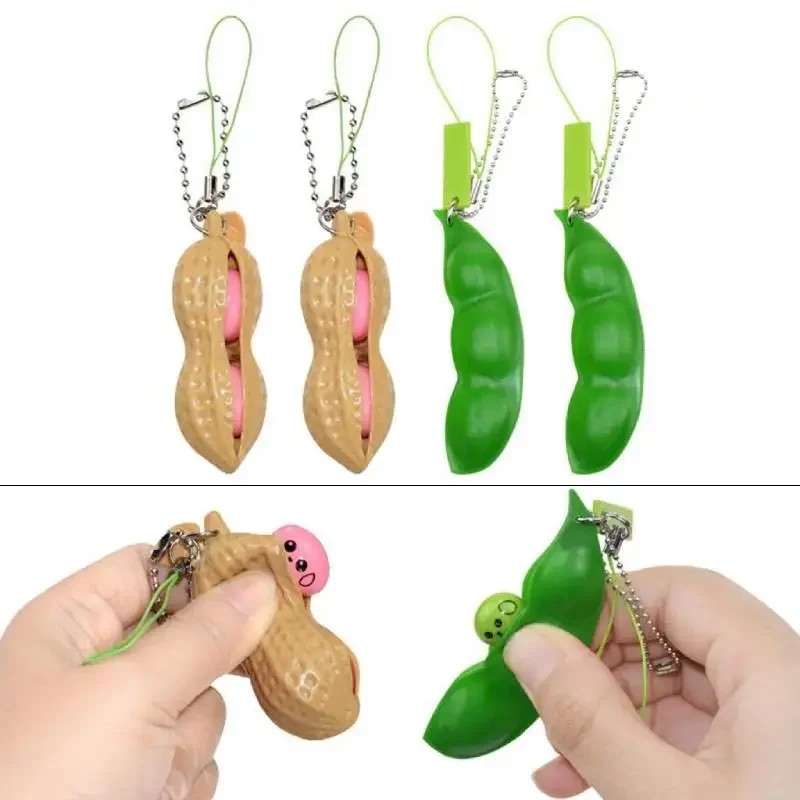 2pcs Squeeze Beans Keychain ADHD Soybean Fidget Toys Squishy Pea Pod Stress Toy Peanuts Keychain