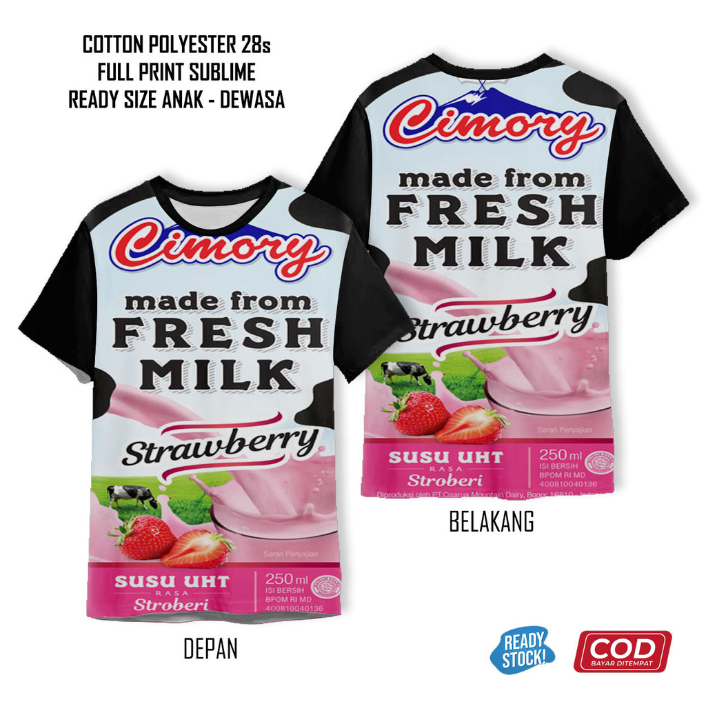 Kaos Cimory Pisang Coklat Stroberi Full Printing Keren | Baju Susu Anak dan Dewasa Unisex - femcapsu