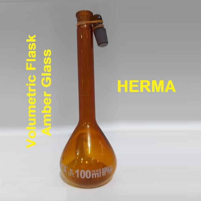DISKON LABU UKUR COKLAT 250 ML LABU TAKAR VOLUMETRIC FLASK AMBER GLASS WITH STOPPER CHINA HERMA