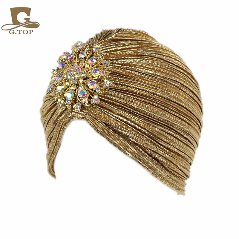 New Fashion Ladies Gold Silver Diamond Jewel Turban Hats For Women Chemo Bandana Hijab Pleated