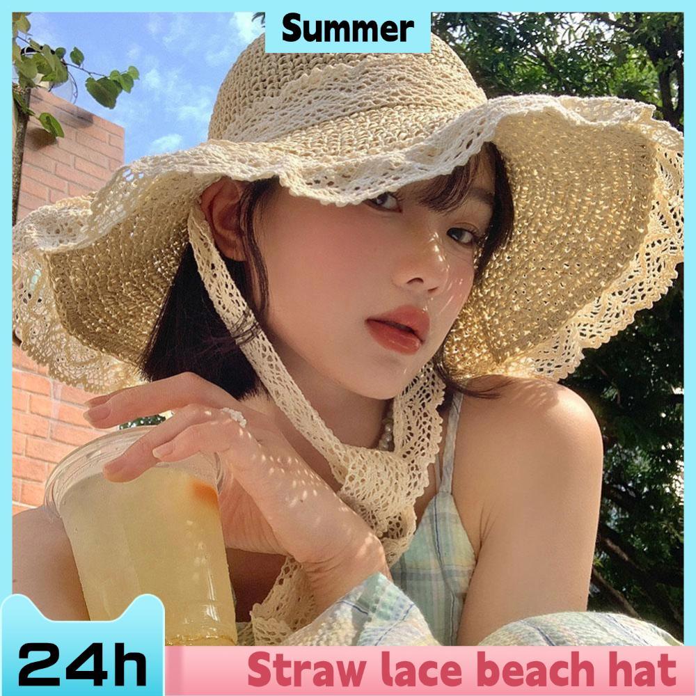 Sweet Lace Sun Hat Women Summer Hollow Straw Hat Outdoor Travel Sun Cap Beach Sunscreen Hat Sweet